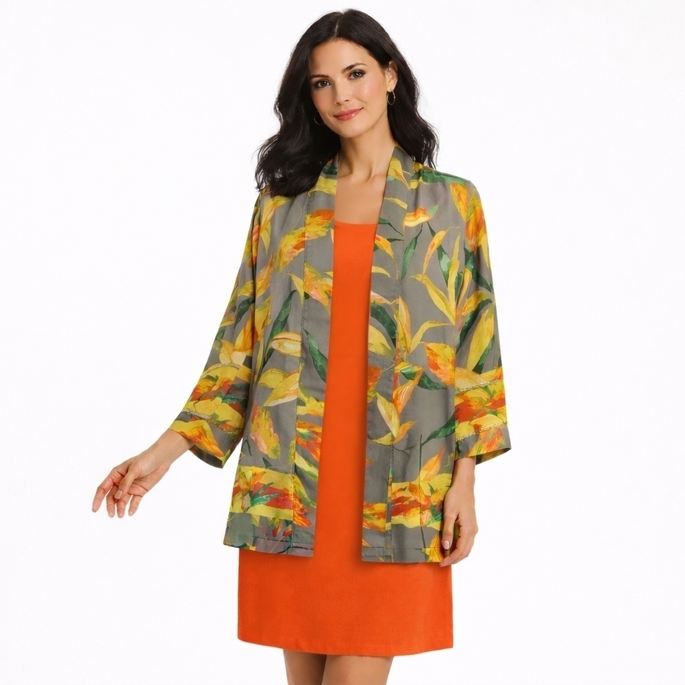 Chicos Colorful Leaf Print Kimono Jacket Open Front Sheer Resortwear Cottagecore